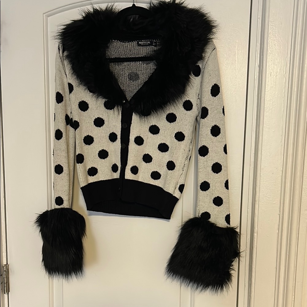 Polka Dot Faux Fur Trim Sweater Cardigan US 6 - Picture 5 of 8